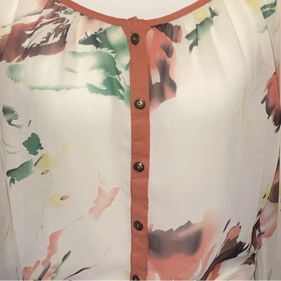 Daytrip Womens Large Button Down Tie Waist Sheer Floral Balloon Slv Blouse - Picture 3 of 12